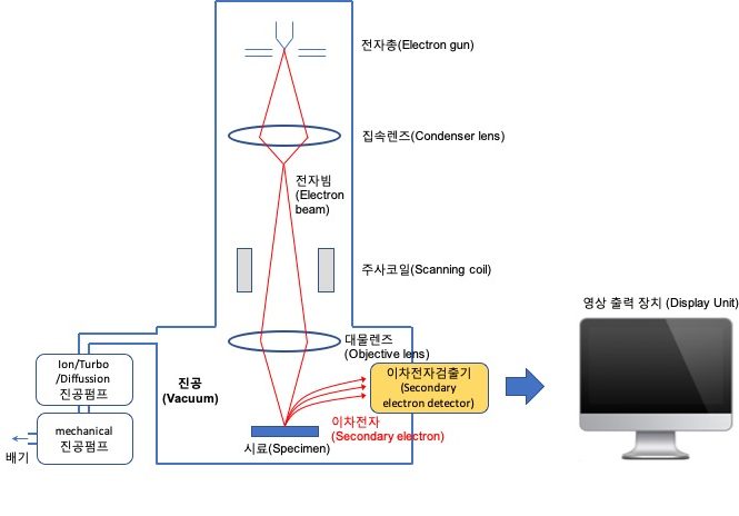 SEM 구조. 그림에서 가운데 부분이 경통부, 왼쪽에 있는 진공펌프 들이 진공계통, 노랑색 박스로 되어 있는 부분이 전자검출기, 영상 출력 장치가 표시부 입니다.  