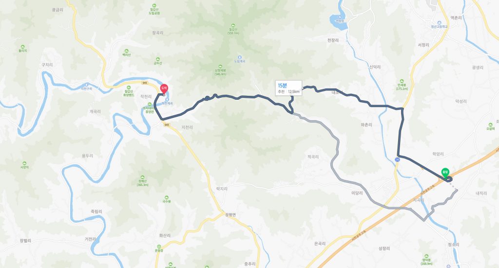 청양군 드라이브 경로. 청양 IC에서 칠갑산 오토 캠핑장 가는 길로 총 12.5 km이고 15분이 걸립니다.