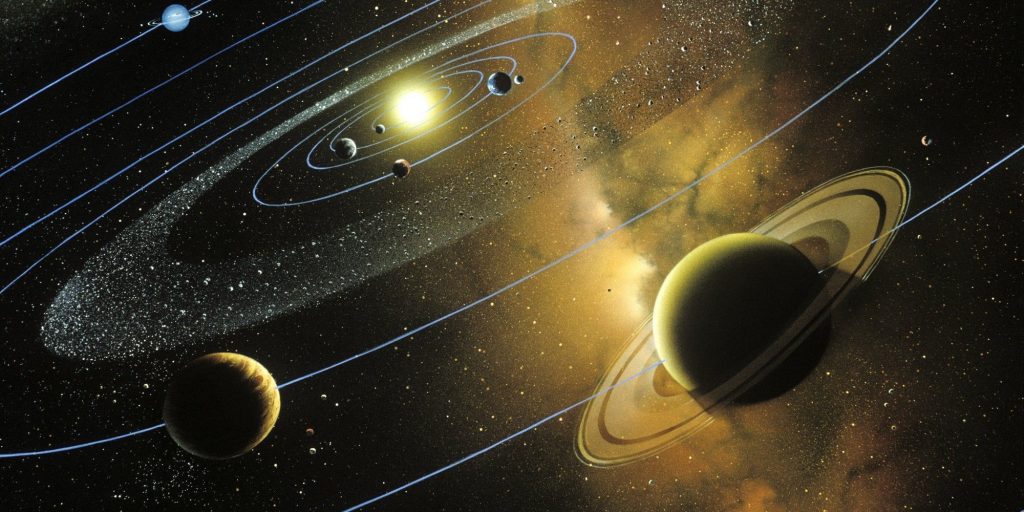 [그림 1] 극좌표계 활용. 태양계의 행성들은 태양을 중심으로 평면상에서 회전운동하므로 극좌표계를 사용하면 운동상태를 설명하기 쉽습니다.  