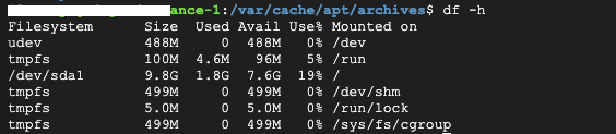 [그림 4] /var/cache/apt/archives 내의 파일들을 삭제함으로써 /dev/sda1 디스크의 사용율이 19%로 낮아진 것을 확인할 수 있습니다.