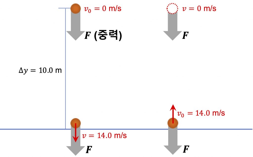[그림 1] 보존력. 중력 <span class="katex-eq" data-katex-display="false">F</span>가 물체에 작용할 때 10.0 m를 낙하하면 지면과 충돌하기 직전의 속도는 14.0 m/s입니다. 만일 이와 동일한 빠르기로 수직 위쪽으로 물체를 던져올린다면 중력에 의해  물체의 속도는 점점 느려지고 10.0 m 까지 올라가게 됩니다. 
