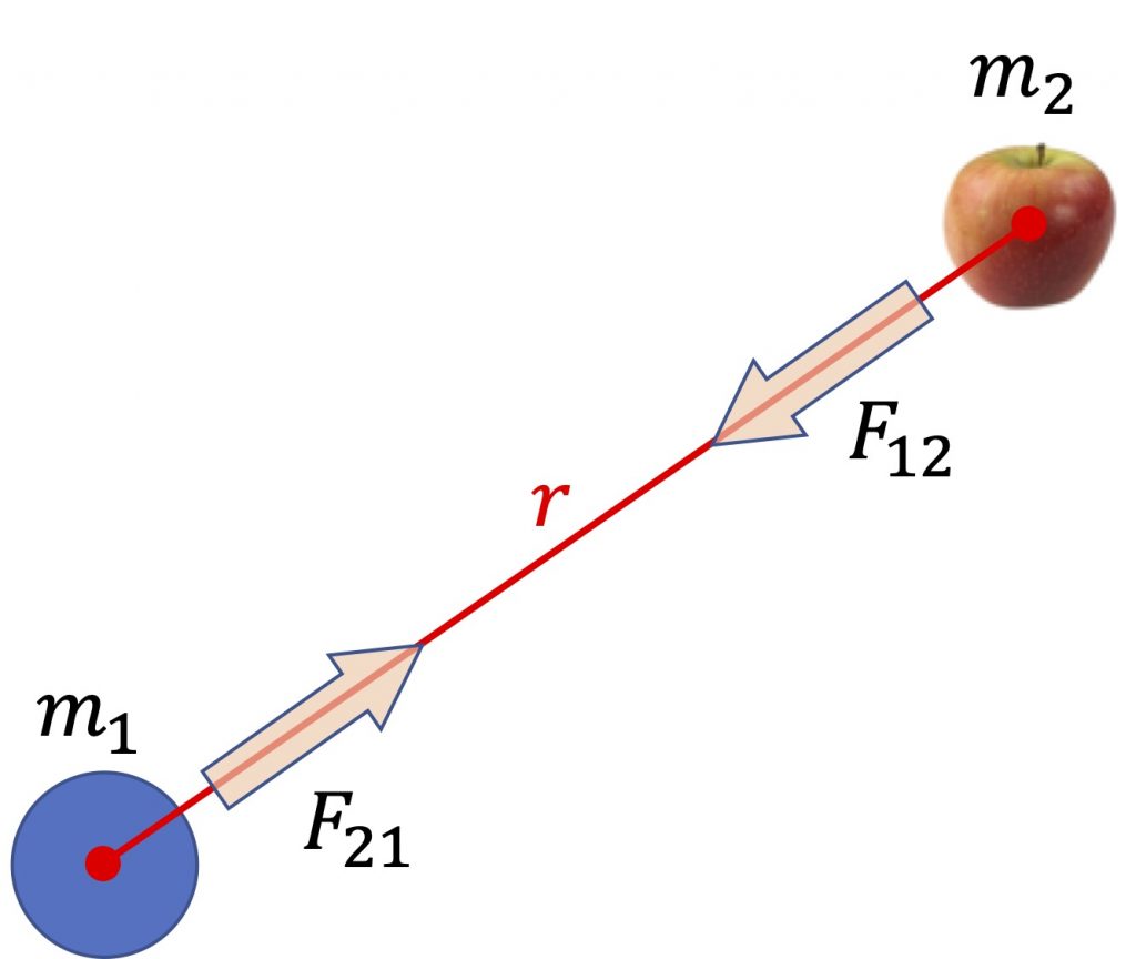 [그림 2] 질량이 큰 물체와 상대적으로 질량이 작은 사과 사이의 이체운동