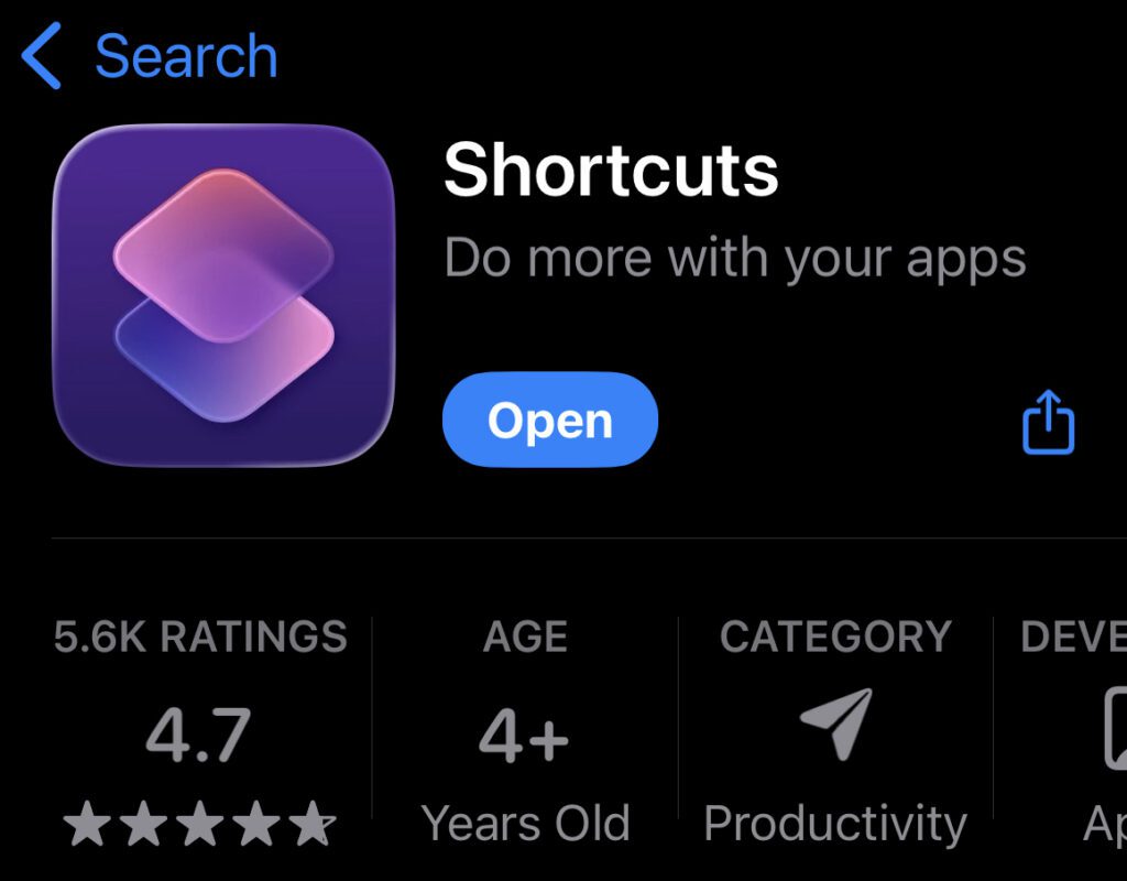 [그림 1] 아이폰 App Store에서 shortcuts 앱을 무료로 설치할 수 있어요.