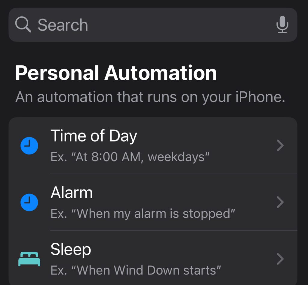 [그림 2] 아이폰 단축어 앱의 개인 자동화 생성 화면