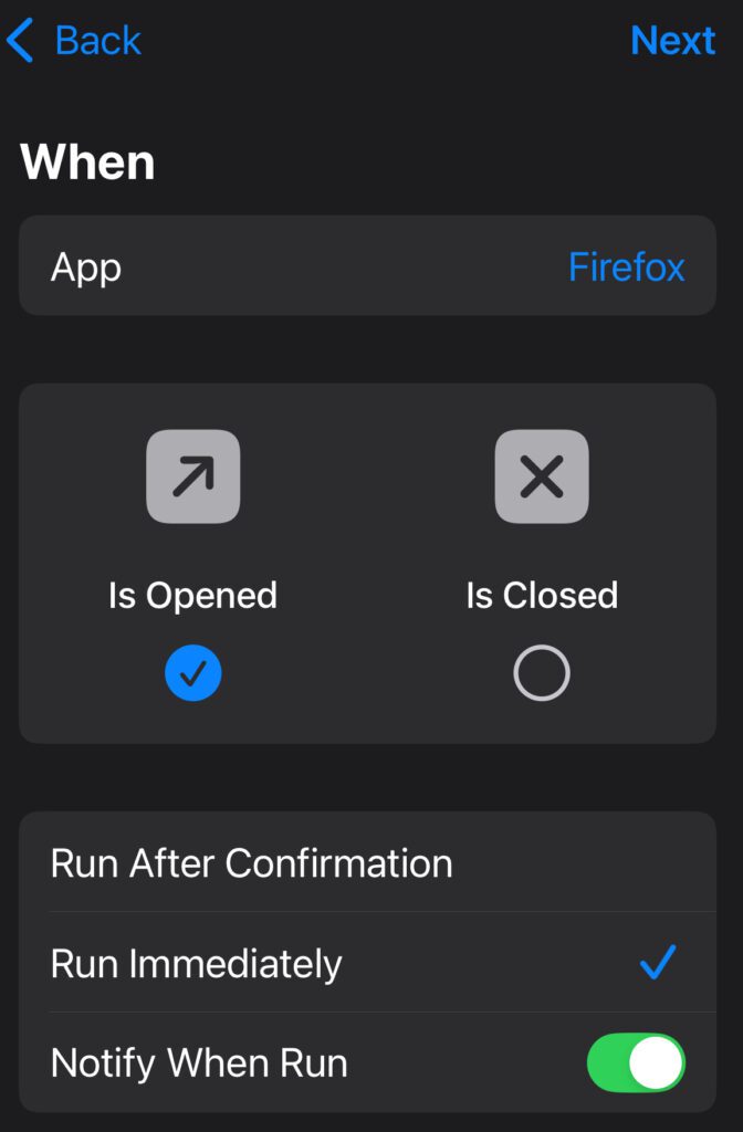 [그림 3] 파이어폭스 App을 열때 자동화가 즉각적으로 실행되고 알림을 주도록 설정된 화면